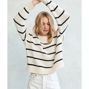 Jenni Kayne Cream and Black Striped Crewneck Sweater